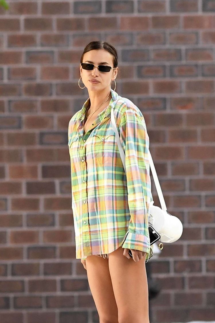 Irina Shayk Candids In A Check Shirt And Shorts Out In New York