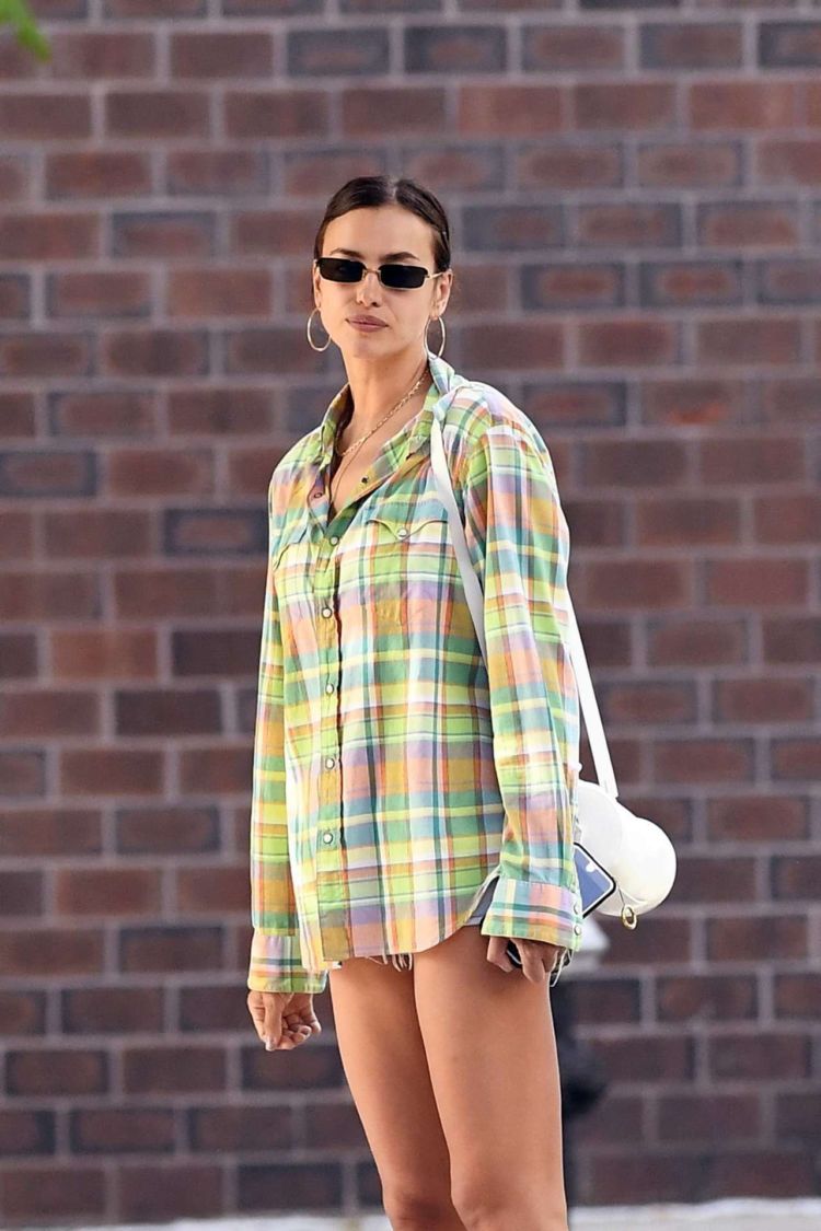 Irina Shayk Candids In A Check Shirt And Shorts Out In New York