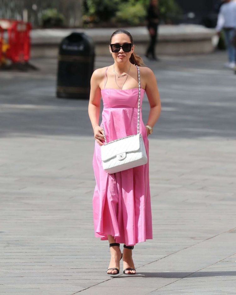 Myleene Klass Arrives In Pink At Global Studios In London
