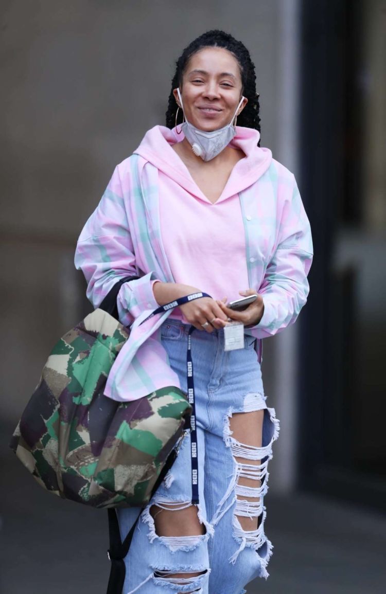 Yasmin Evans Candids In Torn Denim Jeans Leaving BBC House In London
