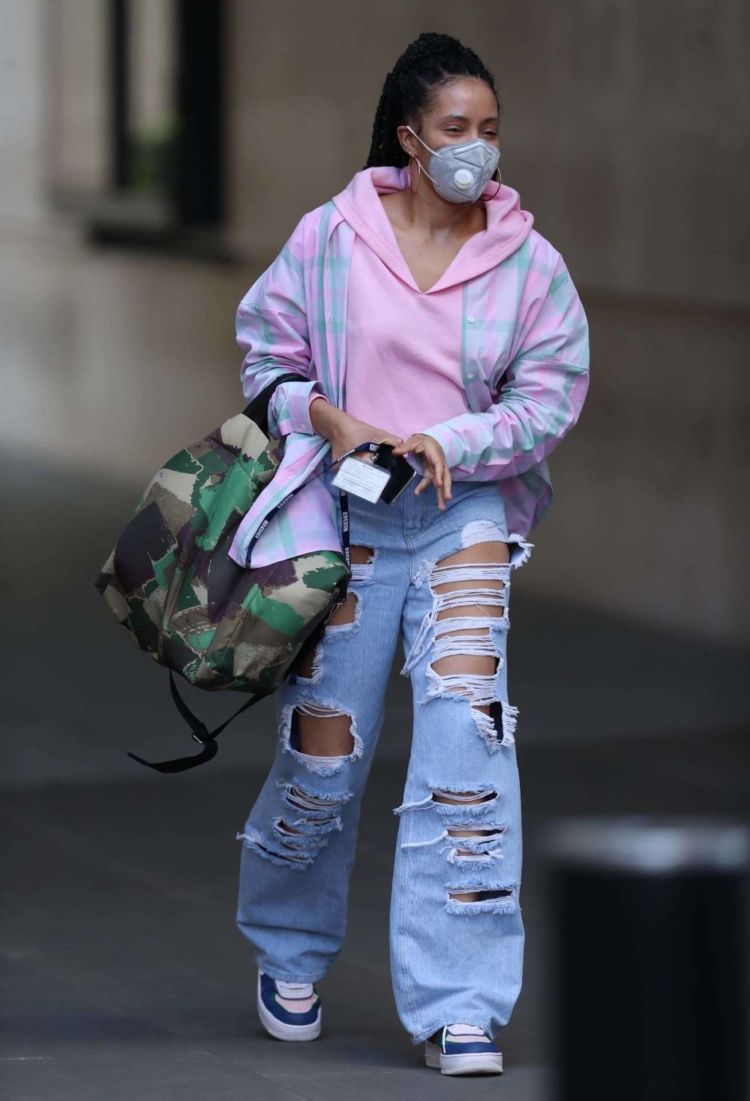 Yasmin Evans Candids In Torn Denim Jeans Leaving BBC House In London