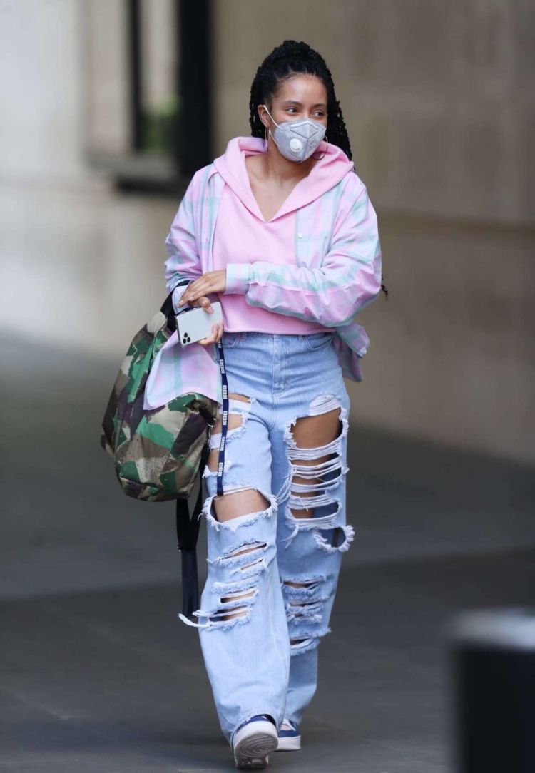 Yasmin Evans Candids In Torn Denim Jeans Leaving BBC House In London