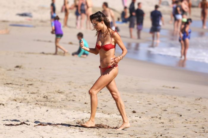 Alessandra Ambrosio Candids In Red Bikini On The Beach In Malibu