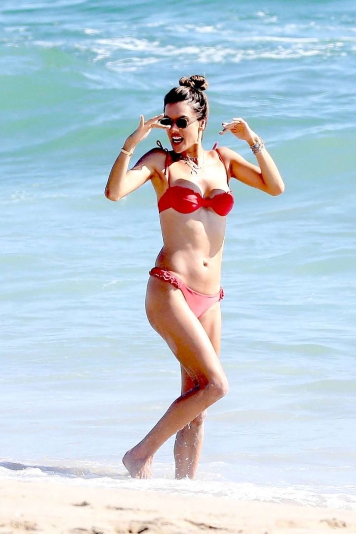 Alessandra Ambrosio Candids In Red Bikini On The Beach In Malibu