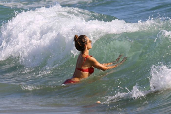 Alessandra Ambrosio Candids In Red Bikini On The Beach In Malibu