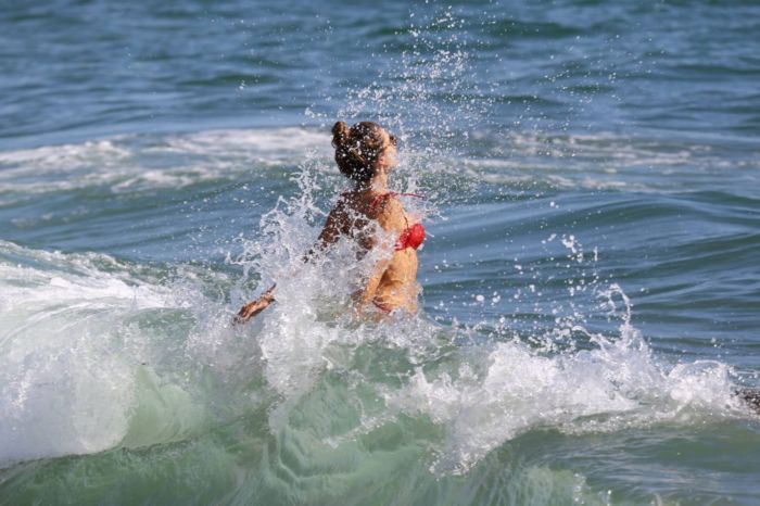 Alessandra Ambrosio Candids In Red Bikini On The Beach In Malibu