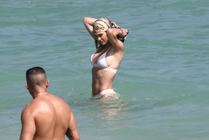 Amelia Gray Hamlin In A White Bikini On The Beach In Miami