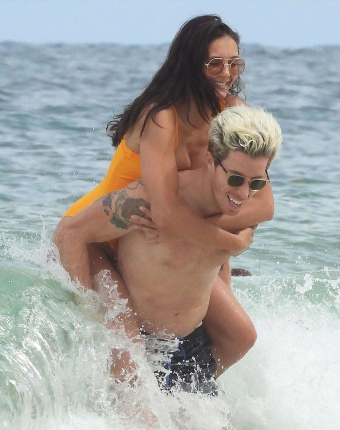 Nina Dobrev In An Orange Swimsuit With Shaun White At Tulum Beach