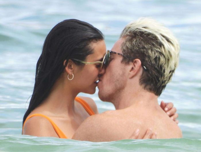 Nina Dobrev In An Orange Swimsuit With Shaun White At Tulum Beach