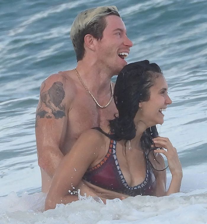 Nina Dobrev In An Orange Swimsuit With Shaun White At Tulum Beach
