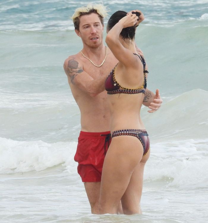 Nina Dobrev In An Orange Swimsuit With Shaun White At Tulum Beach