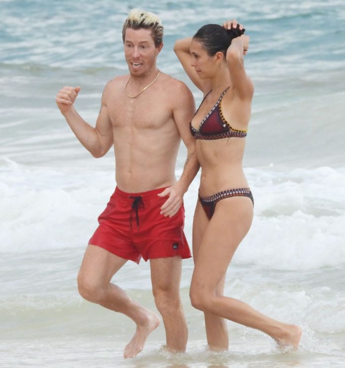 Nina Dobrev In An Orange Swimsuit With Shaun White At Tulum Beach