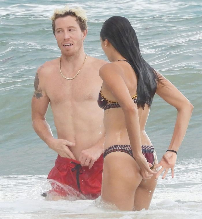 Nina Dobrev In An Orange Swimsuit With Shaun White At Tulum Beach