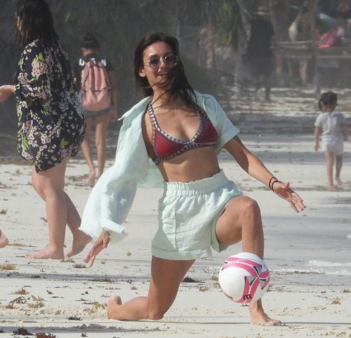 Nina Dobrev In An Orange Swimsuit With Shaun White At Tulum Beach